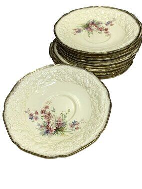 Crown Ducal Florentine Picardy Saucers Set 11 Gold Trim England Vintage